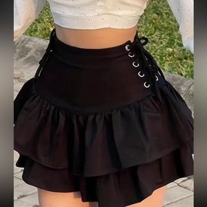 Black Drawstring Layered Ruffle Skirt
